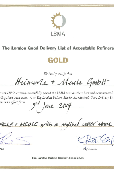 LBMA Zertifikat - Good Delivery