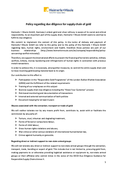Policy regarding due diligence for supply chain of gold