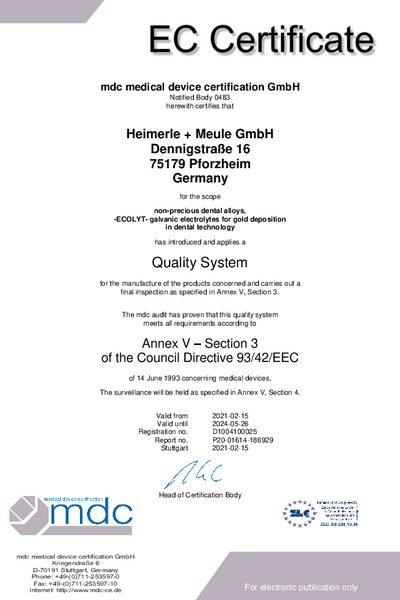 EC Certificate 93 42 EEC Annex V Section 3