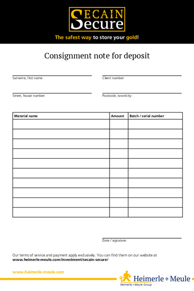 Consignment note for deposit