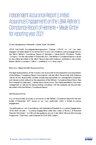 Heimerle + Meule Limited Assurance Statement LBMA/RGG