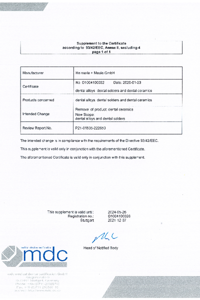 Supplement to the Certificate according to 93_42_EEC, Annex II, excluding 4