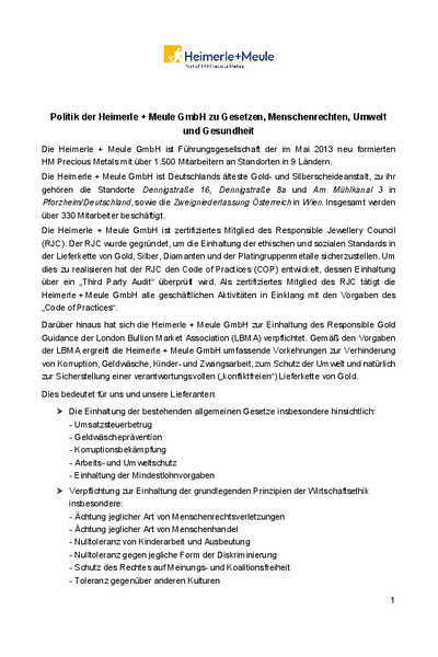 Politik der Heimerle + Meule GmbH zu Gesetzen, Menschenrechten, Umwelt und Gesundheit