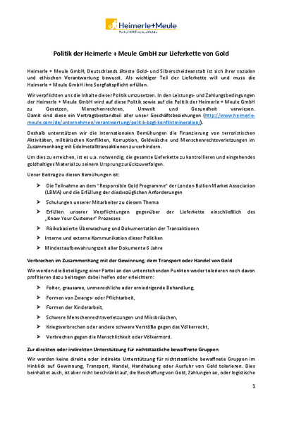 Politik der Heimerle + Meule GmbH zur Lieferkette von Gold